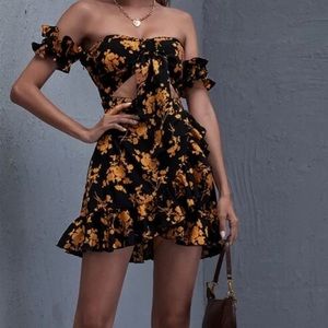 Tie Front Black and Yellow Flower Dress